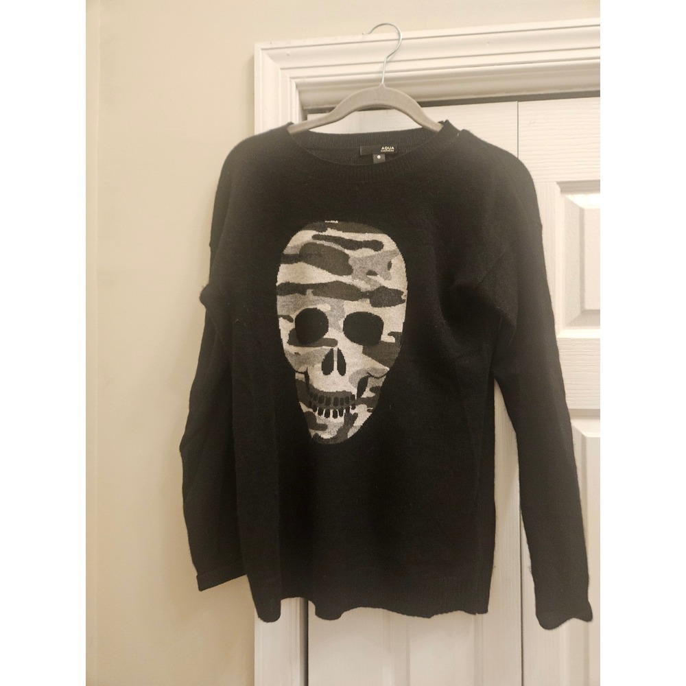 Aqua Cashmere Black Camo Skull Intarsia Crewneck Sweater Women Small Luxury Knit